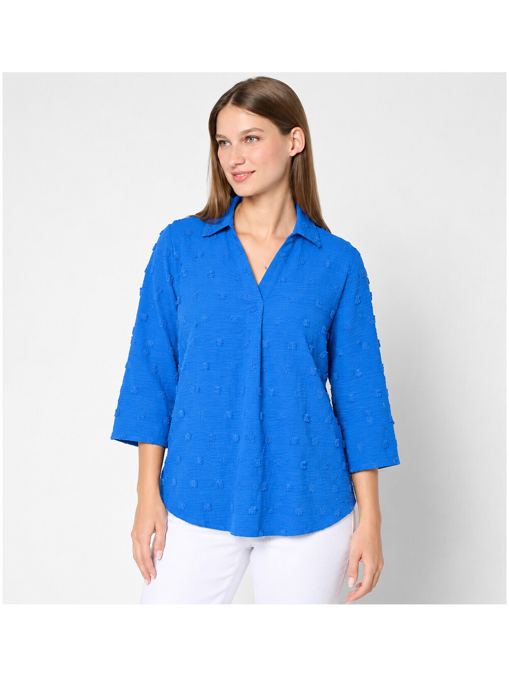 Denim & Co. Textured Swiss Dot 3/4 Sleeve Collared Popover Top Marine Blue,Small